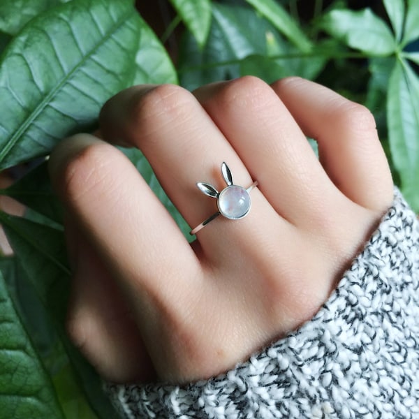 Bunny Lover Moonstone Ring,  Bunny Ring Silver Ring, Animal Ring, Gemstone Ring, Bunny Tail Ring