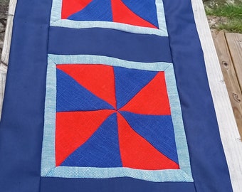 Blue and red quilt style cushion, handmade