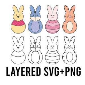 Pode incluir: Arquivos SVG e PNG em camadas de personagens de coelhinhos da Páscoa em várias cores, incluindo azul, rosa, amarelo e laranja. Os personagens estão em um estilo de desenho animado simples com contornos pretos.