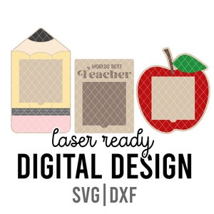 May include: A digital design file for laser cutting, featuring a pencil, an apple, and a "World's Best Teacher" sign. The design is ready to be cut and used for crafts or decorations.