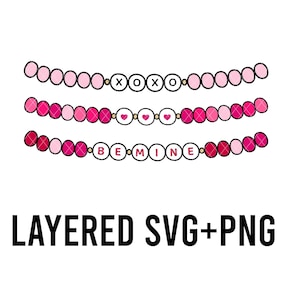 May include: Three decorative garlands in shades of pink and red, perfect for Valentine's Day. The top garland has the letters "XOXO", the middle garland has hearts, and the bottom garland spells "BE MINE". The words "LAYERED SVG+PNG" are below the garlands.