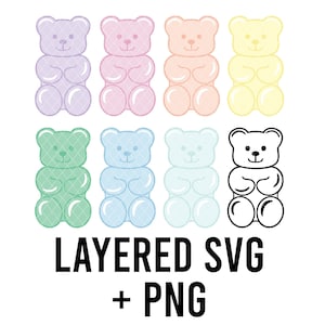 Ours gommeux pastel SVG, superposé par couleur + PNG, silhouette Cricut