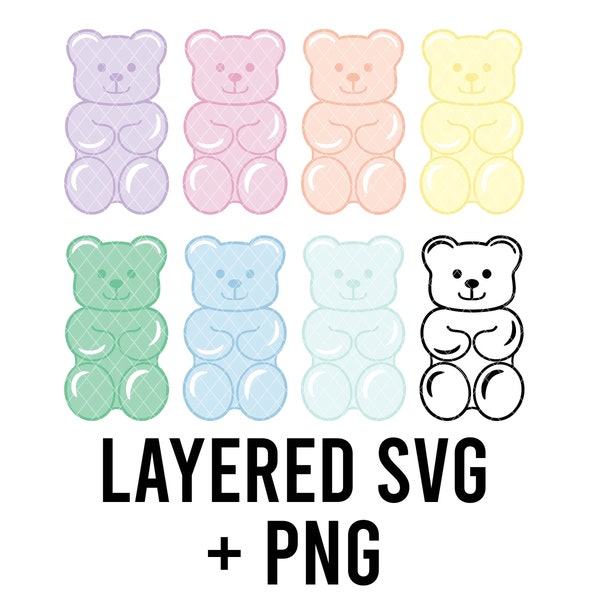 Pastel Gummy Bear SVG, Layered by colour + PNG, Cricut silhouette