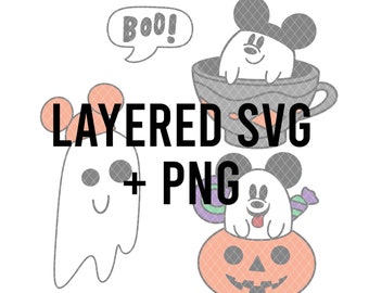 May include: A collection of Halloween-themed cartoon graphics featuring a ghost, a mouse character in a teacup, and a mouse character in a jack-o'-lantern. The text "LAYERED SVG + PNG" is overlaid on the image.