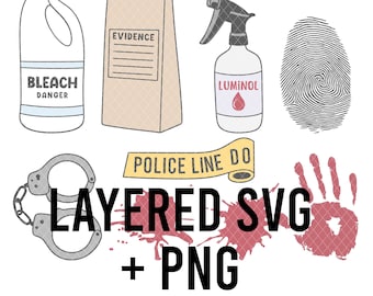 May include: A set of crime scene investigation themed SVG and PNG files. The set includes a bleach bottle, evidence bag, luminol spray bottle, fingerprint, handcuffs, police line do not cross tape, and a bloody handprint.