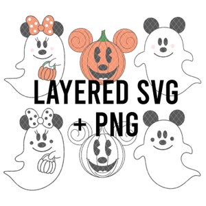 Puede incluir: Un gr&aacute;fico digital con dise&ntilde;os tem&aacute;ticos de Halloween. Incluye fantasmas de dibujos animados con orejas y lazos de Minnie Mouse, y calabazas con forma de Mickey Mouse. El texto "LAYERED SVG + PNG" est&aacute; superpuesto.