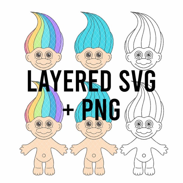 Cute Troll 80's 90's Trolls SVG Layered By Colour + PNG, Cricut Silhouette