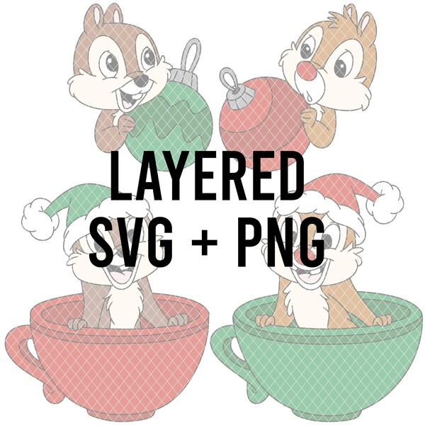 Chip Dale Christmas Set SVG Layered By Colour + PNG, Cricut Silhouette