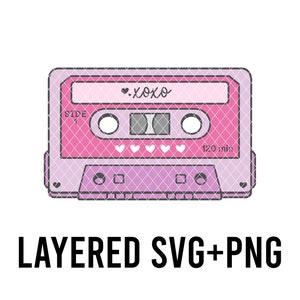 May include: A pink and purple cassette tape with a grid pattern and the text "xoxo" on the label. The tape is labeled "Side A" and "120 min".
