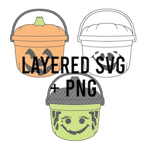 May include: Three Halloween-themed buckets with handles. One is orange and shaped like a pumpkin, another is a black and white outline, and the third is green with a witch face. The text "LAYERED SVG + PNG" is overlaid on the image.
