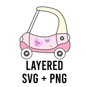 May include: Pink toy car with a white handle and black wheels. The car has a pink and white checkered pattern and has hearts with the words "love you", "hugs", and "xoxo" on it.