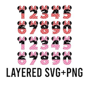May include: A collection of numbers 0-9, each adorned with a Minnie Mouse bow and ears. The numbers are in red and black polka dots, and pink and black polka dots. The text "LAYERED SVG+PNG" is at the bottom.