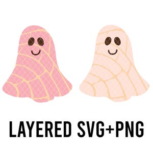 May include: Two cartoon ghosts with smiling faces. One ghost is pink with a white grid pattern and the other is white with a light pink grid pattern. The text "LAYERED SVG+PNG" is below the ghosts.