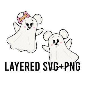 May include: Two cartoon ghost characters with mouse ears and smiling faces. One ghost wears a pink bow. The image includes the text "LAYERED SVG+PNG" in black, indicating a digital design file for crafting or design projects.