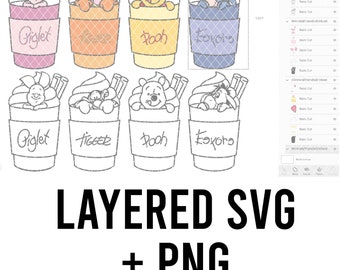 Puede incluir: Un diseño digital con cuatro ilustraciones coloridas y cuatro en blanco y negro de personajes de Winnie the Pooh en diseños de tazas de café. Cada taza tiene el nombre de un personaje. El texto "LAYERED SVG + PNG" está en la parte inferior.
