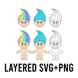 Cute Troll 80&#39;s 90&#39;s Trolls SVG Layered By Colour + PNG, Cricut Silhouette