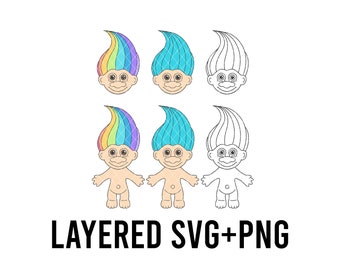 Schattige trol 80's 90's trollen SVG gelaagd op kleur + PNG, Cricut silhouet