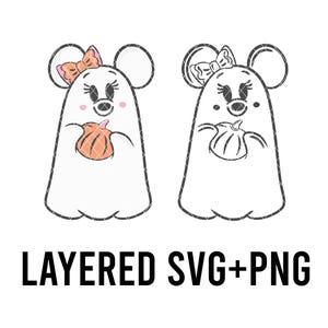 May include: Two cartoon ghost characters with mouse ears and bows, one holding a pumpkin and the other a shell. The image is a layered SVG and PNG file, perfect for Halloween-themed crafts and designs.
