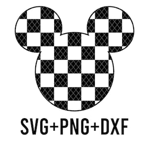 Puede incluir: Silueta de cabeza de Mickey Mouse a cuadros en blanco y negro. SVG+PNG+DXF.