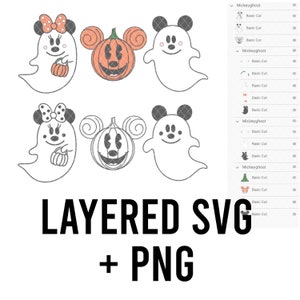 Puede incluir: Un dise&ntilde;o digital con personajes de Halloween. El dise&ntilde;o incluye fantasmas, calabazas y fantasmas inspirados en Mickey Mouse y Minnie Mouse. El texto "LAYERED SVG + PNG" se muestra debajo. Adecuado para diversos proyectos de manualidades.