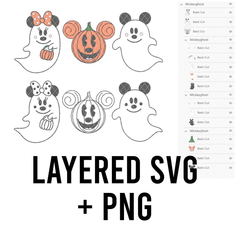 Puede incluir: Un dise&ntilde;o digital con personajes de Halloween. El dise&ntilde;o incluye fantasmas, calabazas y fantasmas inspirados en Mickey Mouse y Minnie Mouse. El texto "LAYERED SVG + PNG" se muestra debajo. Adecuado para diversos proyectos de manualidades.