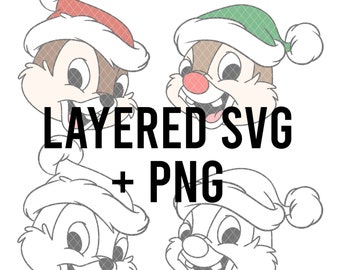 May include: Four layered SVG and PNG files of a cartoon chipmunk wearing a Santa hat. The chipmunk is smiling with its mouth open and has a red nose. The files are for digital download.