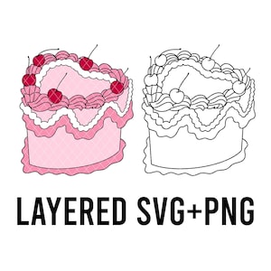 May include: A layered SVG and PNG digital download of a pink cake with white frosting and red cherries on top. The cake is outlined in black.