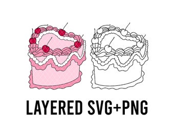 Può includere: Un download digitale a strati SVG e PNG di una torta rosa con glassa bianca e ciliegie rosse in cima. La torta è delineata in nero.