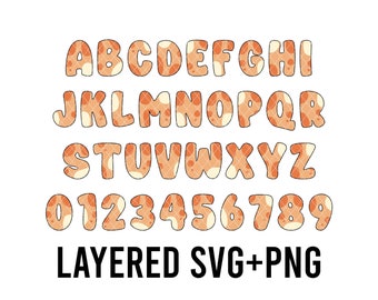 Puede incluir: Letras y números del alfabeto naranja y blanco con un patrón de lunares. Las letras están en mayúsculas y los números en negrita. El texto "LAYERED SVG+PNG" está en la parte inferior de la imagen.