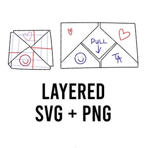 May include: A black and white illustration of two folded paper envelopes. One envelope has a smiley face and a heart drawn on it. The other envelope has a smiley face, a heart, the word "PULL" with an arrow pointing down, and the letters "TA" drawn on it.