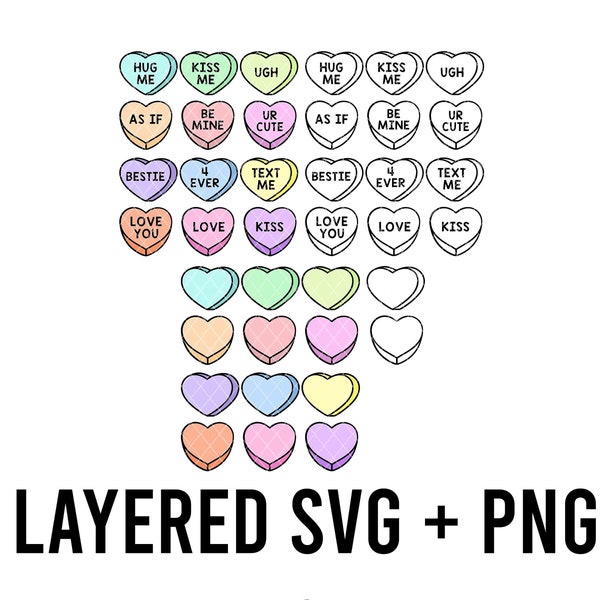 Valentine Pastel Candy Heart SVG, Conversations Hearts, Layered by colour + PNG, Cricut silhouette