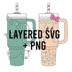 May include: Two illustrated mugs with lids and straws. One mug is green with white lights and the other is orange with white frosting and sprinkles. The text "LAYERED SVG + PNG" is in black.