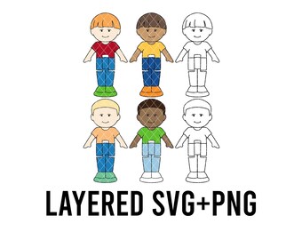 Miniaturowe lalki kieszonkowe dla chłopców, warstwowe, kolorowe, zestaw SVG + PNG, sylwetka Cricut