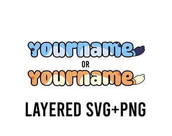 Puede incluir: Archivos SVG y PNG en capas de la palabra "yourname" en dos esquemas de color: azul con manchas blancas y naranja con manchas blancas. El texto está en una fuente de dibujos animados con bordes redondeados.