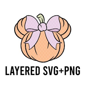 May include: An orange pumpkin design with a light purple bow and green stem. The pumpkin has a black outline and a textured pattern. The text "LAYERED SVG+PNG" is below the pumpkin.