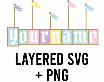 May include: A layered SVG and PNG digital download of a customizable name banner with flags. The banner is made up of colorful blocks with the word "yourname" in white letters. The flags are in pastel colors.