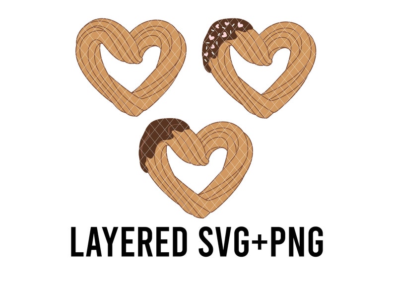 May include: Three heart-shaped churros, two with chocolate icing and sprinkles, one plain.  LAYERED SVG+PNG.