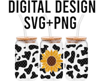 Sunflower Cow Print  Can Glass SVG + PNG, Layered By Colour Cricut, Silhouette