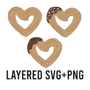May include: Three heart-shaped churros, one with chocolate drizzle and pink sprinkles, one with chocolate drizzle, and one plain. The churros are layered for easy editing.  Layered SVG+PNG.