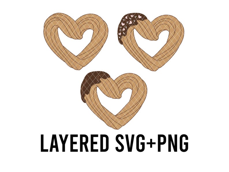 May include: Three heart-shaped churros, one with chocolate drizzle and pink sprinkles, one with chocolate drizzle, and one plain. The churros are layered for easy editing.  Layered SVG+PNG.
