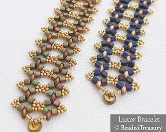 Beading Tutorial LUXOR Bracelet - Beading pattern with ChechMates Superduo Cube Seed beads - Gold beaded bracelet - Instant PDF Download