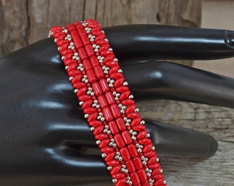 Beading Tutorial CARMEN Bracelet - Beading pattern with 2 hole beads Superduo Rulla Seed beads Red beaded jewelry - Instant PDF Download