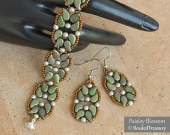 PAISLEY BLOSSOM Beading Tutorial - Beaded floral bracelet earrings - Beading pattern - 2 hole Paisley Duo seed beads - Instant pdf Download