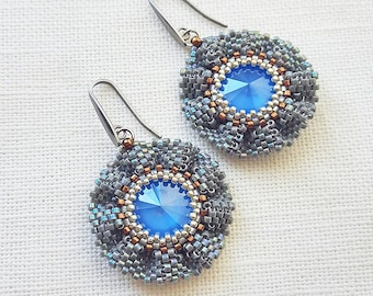 RUFFLED FLOWER EARRINGS Peyote Stitch Beading Pattern, Textured Floral Earrings with Rivoli and Delica Bead Tutorial