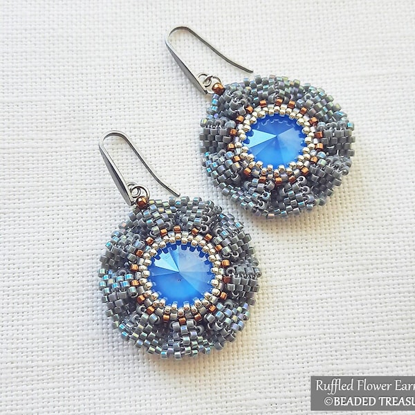 RUFFLED FLOWER EARRINGS Peyote Stitch Beading Pattern, Textured Floral Earrings with Rivoli and Delica Bead Tutorial