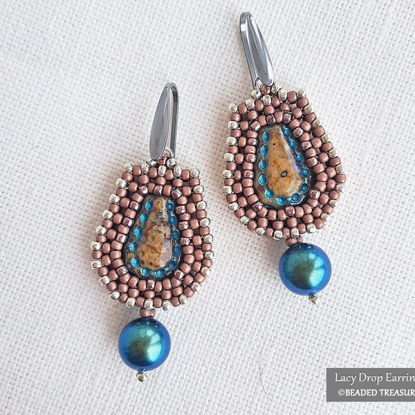 LACY DROP Earrings, CRAW Beading Tutorial with Seed Beads and Czech Glass Lacy Tear beads, Seed Bead Earring Pattern