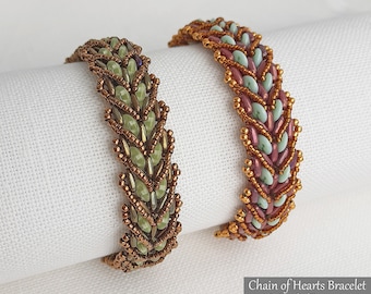 Beading Tutorial CHAIN OF HEARTS Bracelet - Beading pattern with QuadraLentil Bar Seed beads - Valentine bracelet pattern - pdf Download