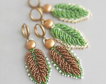 DIMENSIONAL LEAVES earring pattern, Leaf earring beading tutorial, Eco nature beading, Leaf beadwork pattern, Instant PDF Download