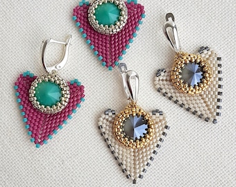 RIVOLI HEART EARRINGS - Beading Pattern - Peyote stitch bead pattern - Instant .pdf Download