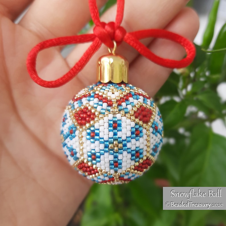 SNOWFLAKE BALL Peyote Stitch Pattern Beaded Christmas Ornament Instructions Beaded bead pattern Instant Pdf Download image 1